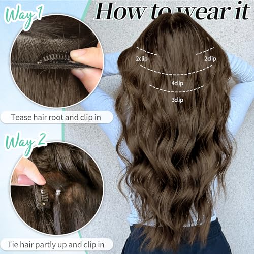 Image of Wavy Thick Clip in Hair Extensions 20 inch Medium Brown | 4 Pieces Clip in Extensions,Fiber Double Weft Hairpieces,Natural Volume,Beach Wave Long Synthetic Hairpieces for Women
