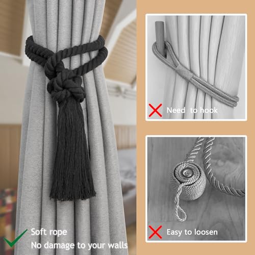 Pretty Jolly 2 Pack Natural Cotton Rope Tassel Curtain Tiebacks Boho Home Decor Drape Tie Backs Hand Woven Ball Curtain Holdbacks for Thin & Thick Home & Office Window Draperies (Black) - Image 2