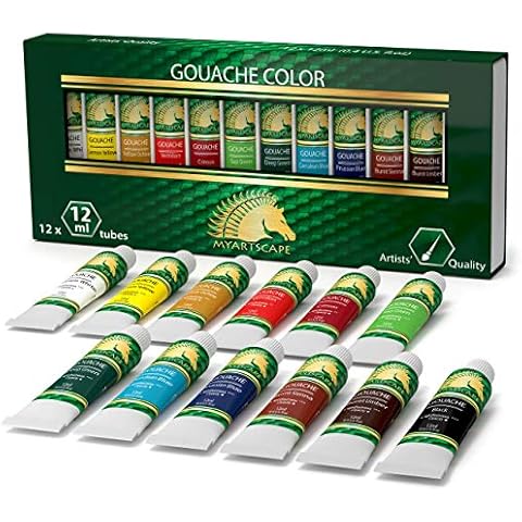 Gouache Paint Set - 12 x 12ml Tubes - Artist Quality Colors - for Art on Watercolor Paper, Illustration Board, Artboard & Masonite - Includes Black and White - Professional Supplies by MyArtscape™ Cover