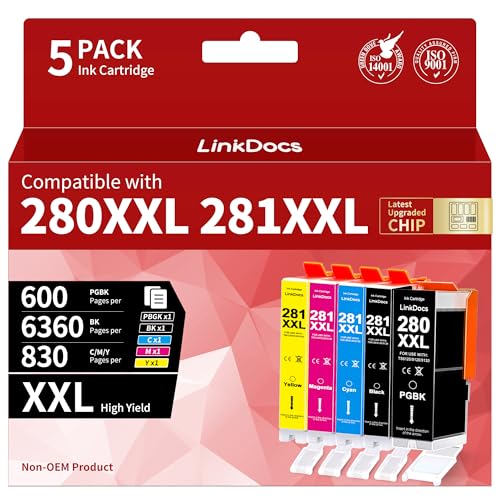 Image of LinkDocs 280XXL 281XXL Compatible Ink Cartridges Replacement for Canon tr8620a Ink cartridges for use with PIXMA TR7520 8520 TS6120 Printer (5 Pack, 1 Large BK 1 Small BK 1 Cyan 1 Magenta 1 Yellow)