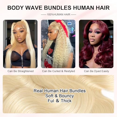 Image of 613 Bundles Human Hair 14 Inch 100% Real Human Hair Blonde Body Wave Bundles Human Hair No Synthetic Blend No Tangle No Shedding 3X Longer Lifespan 16A Brazilian Virgin Hair 613 Body Wave One Bundle