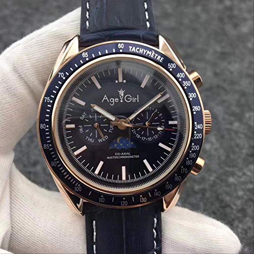 Preisvergleich Produktbild Klassische Armbanduhr Herren Automatische mechanische Monduhr Roségold Stahl Geschwindigkeit Schwarz Blau Leder Leinwand Mondphase Keramikuhren 8