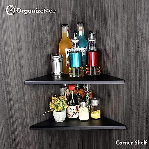 Image of OrganizeMee Corner Shelf For Wall,Bathroom Organizer,Shelves Decoration Items For Living Room Bedroom corner,Long Life Than Wood,Glass Self Decor Show Pieces floating shelfs Home Bedroom Rack,Kitchen Corners Organizers,1YR Warranty:Black Set of 2