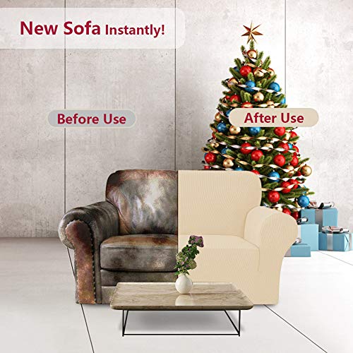Icover Sofa Slipcover, Multiple Size One Piece High Stretch Couch Cover, Machine Washable Spandex Jacquard Fabric, Bottom Elastic Non-Slip Easy To Install, Loveseat Sofa, Ivory #TOP6