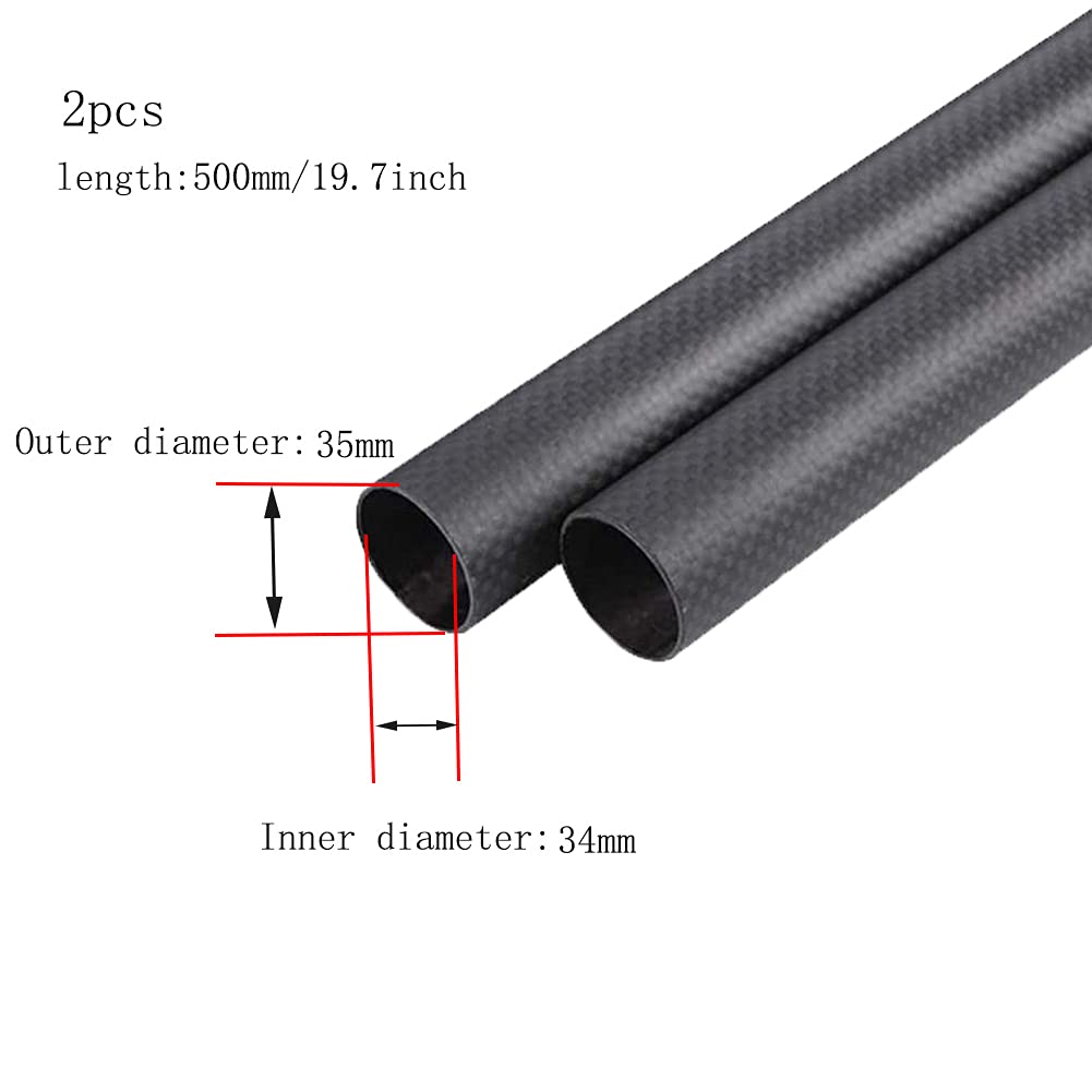3K Carbon Fiber Tube 2Pcs Hollow Rod Roll Wrapped Plain Matte High Hardness Cuttable Length 500Mm/35Mm*34Mm