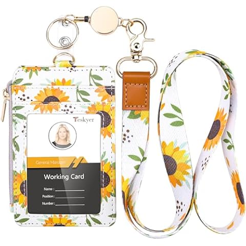 Teskyer Cute Printed Lanyard with ID Badge Holder, Stylish Pattern Lanyard Wallet, 4 Card Slots Zipper Pocket Badge Holder with Retractable Lanyard for Women & Girls, Sunflowers Cover