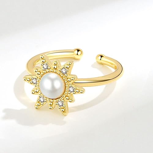 Miniatura 3 de Anillos giratorios para mujeres y niñas, delicados, perlas, girasoles, circonita cúbica, antiansiedad, alivio del estrés, ajustable, abierto,
