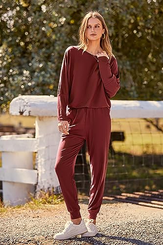 Image of PRETTYGARDEN Women's Fashion Outfits 2 Piece Sweatsuit Solid Color Long Sleeve Pullover Long Pants