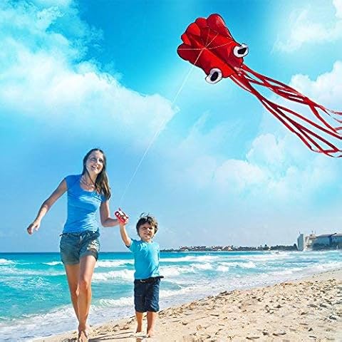 Large Octopus Kite for Kids and Adults, Easy Flyer Kites for Boys and Girls, Stunt Nylon Rainbow Flying Toy Kit Best for Beach, Park and Outdoor Fun and Games with Handle, String and Storage Bag Cover