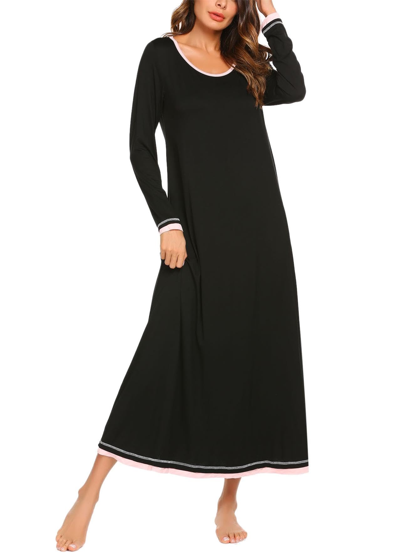 Ekouaer Camicia da Notte Donna Manica Lunga Girocollo Lungo da Notte Invernale Pigiama Comodo Ampio Sexy Camicie Tinta Unita Abbigliamentoda Casa S-XXL