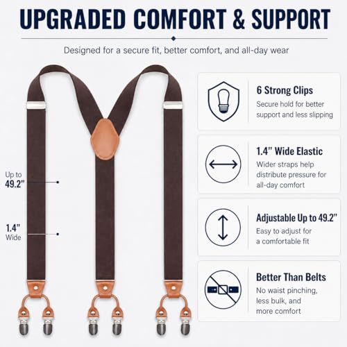 Image of Men's Heavy Duty Y-Back Suspenders, 6 Strong Metal Clips Adjustable Elastic Straps for Work, Tuxedos, and Daily Wear