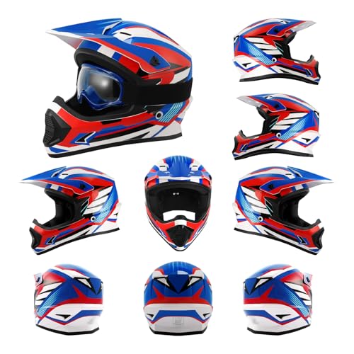 Image of XFMT Youth Dirt Bike Helmet DOT Kids Full Face Helmet for Motocross ATV Off-Road Street Bike Four Wheeler with Goggles & Gloves, Red White and Blue X-Large