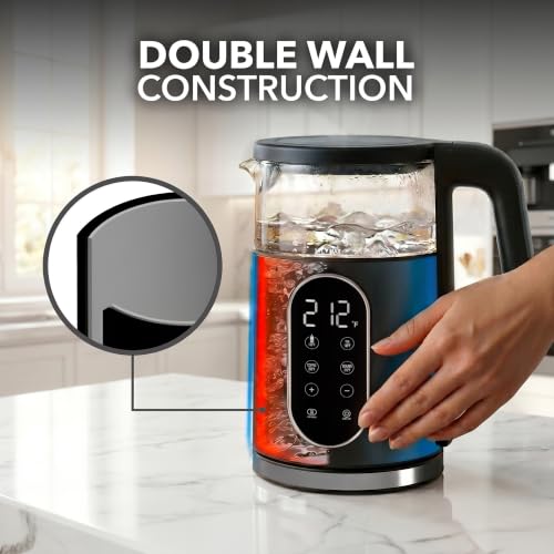 Image of OVENTE 1.7L Electric Kettle with Digital Touchscreen, 1500W, Black KD96B | Fast-Boiling Water Heater, Double-Wall Cool-Touch, 5Hr Keep Warm, Auto Shut-Off, Boil-Dry Protection, Borosilicate Glass
