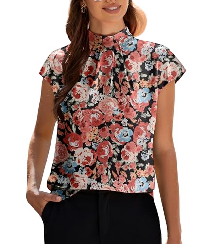 Image of Funlingo Womens Summer Tops Mock Neck Short Cap Sleeve Blouses Business Casual Work Chiffon Shirts Front Pleated Tunic Top