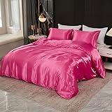 Silk Like Satin Bedding Hot Pink Duvet Cover Set Soft Lightweight Polyester Satin Comforter Cover Sexy Hotel Silky Bedding Sets Queen 1 Duvet Cover 2 Pillowcases (Queen, Hot Pink)