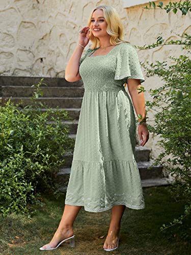 Glamaker Women's Plus Size Summer Casual Short Sleeve Smocked Square Neck A Line Flowy Midi Dress Long Dress3