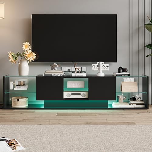 Mueble de TV moderno con 3 puertas de almacenamiento y estantes de cristal LED integrados, iluminación multicolor, ideal para salón o dormitorio (negro, 240 x 44 x 38 cm)