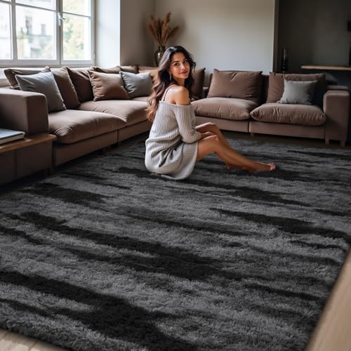 HOMORE 5x8 Area Rug for Living Room, Black and Grey Fluffy Shaggy Rugs for Living Room, Gradient Abstract Rugs for Kids Boys Girls Room, Plush Rug for Dorm Home Floor Decor