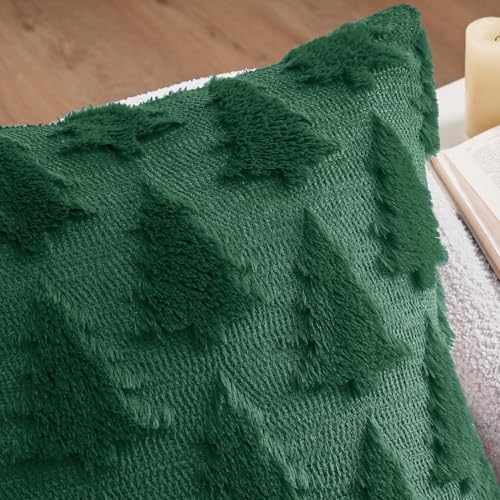 MIULEE Christmas Throw Pillow Covers Dark Green Christmas Decorations Set of 2 Xmas Tree 20x20 Pillow Covers Soft Plush Faux Wool Pillowcases Holiday Festivals Winter Home Decor Sofa Couch Bed Porch