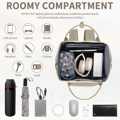 Image of VANKEAN 17 Inch Laptop Backpack for Women Fashion Computer Work Bag, Large Capacity Waterproof Backpack, College Daypack Business Travel(Beige-Khaki, 17.3 Inch)