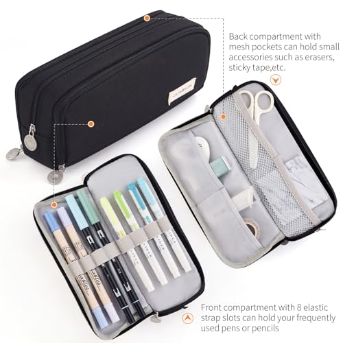 Cicimelon Pencil Case Large Capacity Pouch 3 Compartments Bag Gift For Students Girls Adults Women (Black)