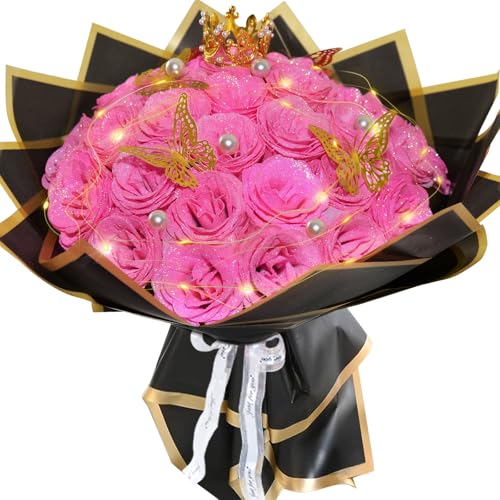 Pink Glitter Roses Bouquet Shiny Fake Glitter Flowers Artificial Rose 24pcs