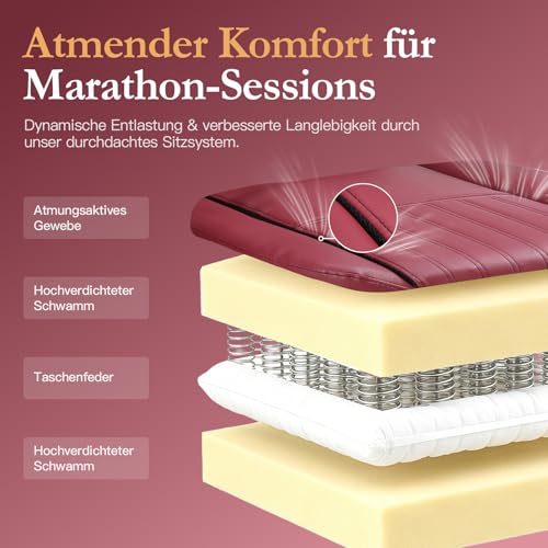 Sedia da gioco con cuscino primaverile, da corsa, con massaggio, ergonomica, con poggiapiedi, in pelle PU, rosso - Sedia gaming - Immagine 2