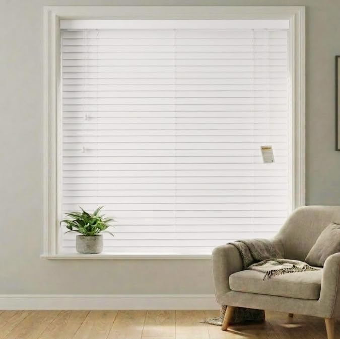 REHAN & CO Made to Measure White Faux Wood wooden Grain Venetian Blinds/Blind with Strings- Home Office Window Blinds - 50mm Slats 240W x 213H cm