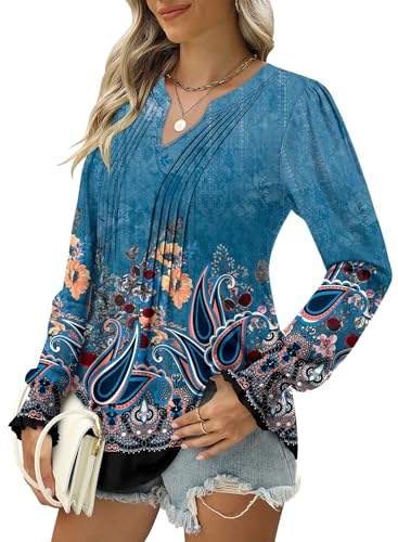BETTE BOUTIK Long Sleeve Shirts for Women Fall Tops Dressy Blouses Pleated V Neck Tunic Tops for Leggings S-3XL
