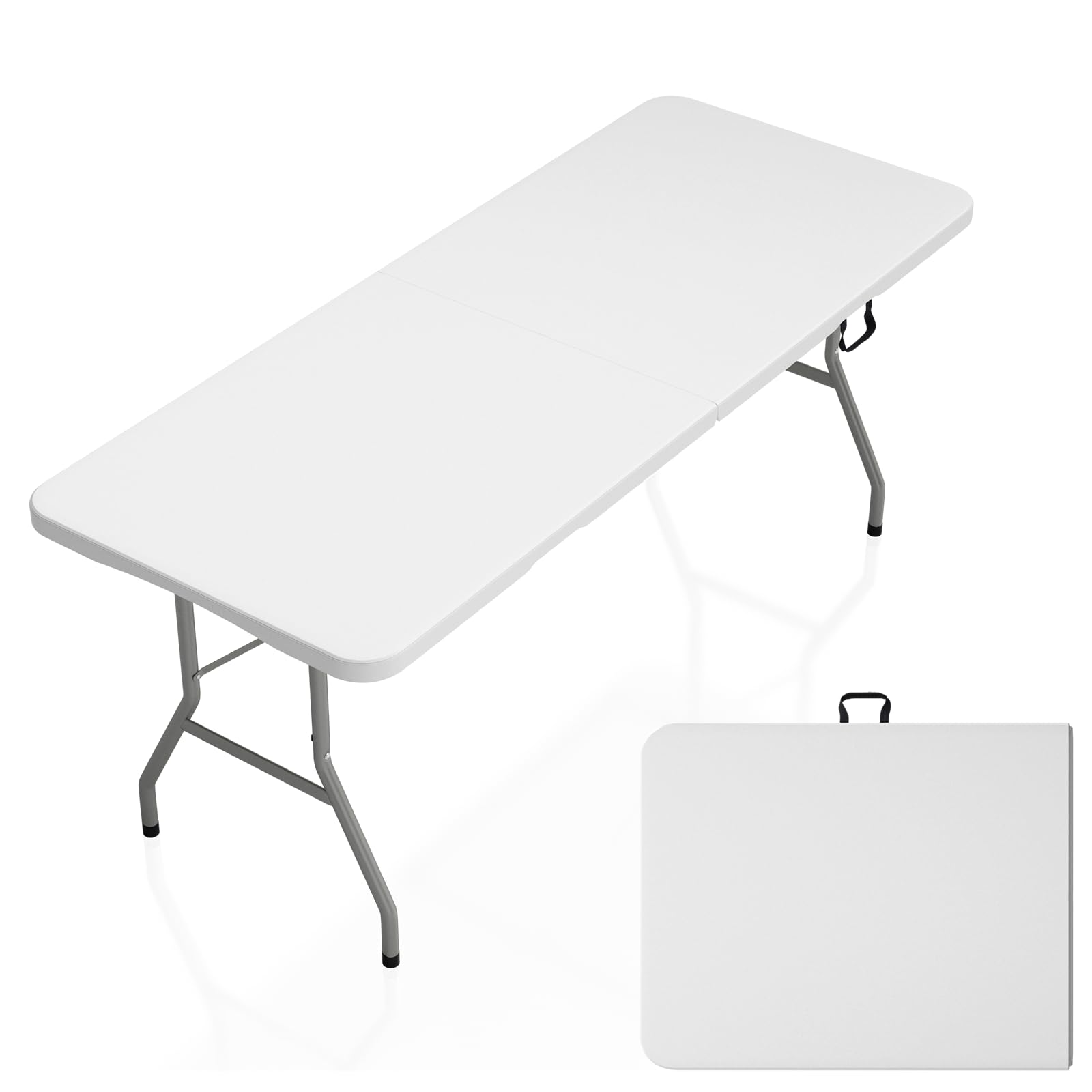 6ft Folding Table, Outdoor Foldable Table with HDPE Tabletop, Safety Locks, Easy to Carry and Store, No-Assembly Camping Table for Dining, Picnic, White