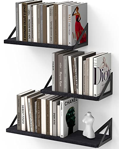 Bayka Floating Shelves For Bedroom Decor, Rustic Wood Wall Shelves For Living Room Wall Mounted, Hanging Shelving For Bathroom, Laundry Room, Small Shelf For Plants, Books(Black,Set Of 3) #TOP7