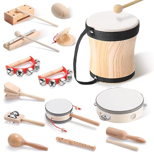 Chumia Toddler Musical Instruments Set 13 Pcs Montessori Wooden Percussion Instruments with Drum Preschool Educational Baby Early Learning Music Toys...