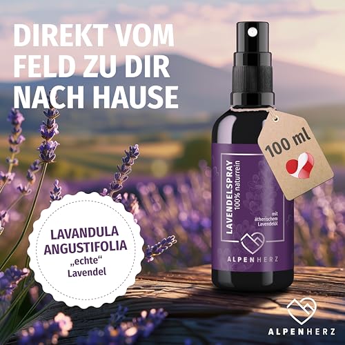 Alpenherz Lavendelspray - 100 ml naturrein mit ätherischem Lavendelöl - für Kopfkissen Raumduft Kissenspray Duftspray Toilette Duftspray Toilette WC Duft Yoga Spray Geschenk