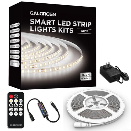 Image of White LED Strip Lights, 16.4ft Dimmable Smart LED Light Strip 6500K Bright Daylight White, Strong Adhesive, 600 LEDs Flexible Tape Lights for Vantiy Mirror, Kitchen Cabinet, Bedroom