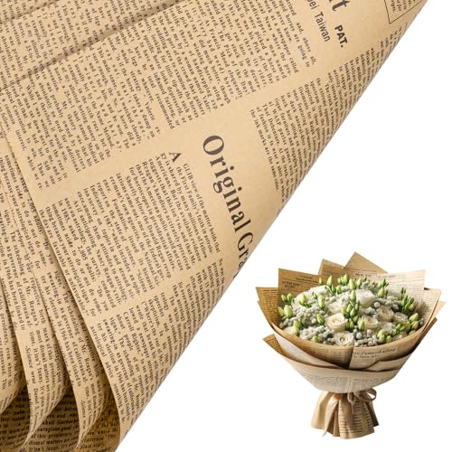 RUSPEPA 20 Sheets Kraft Newspaper Flower Wrapping Paper Reversible Floral Bouquet Paper Black Font Kraft Newsprint Design for Birthday Florist Supply Wedding Valentines Day Mothers Day and DIY