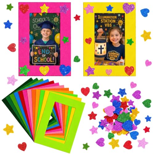 Jetec 24 Pcs DIY Kid Craft Kit Colorful Felt Photo Holiday Frames and 50 Pcs Colorful Glitter Stickers for Back to School Classroom Craft Activity Home and Office Deco 4 x 6 Inch Photos