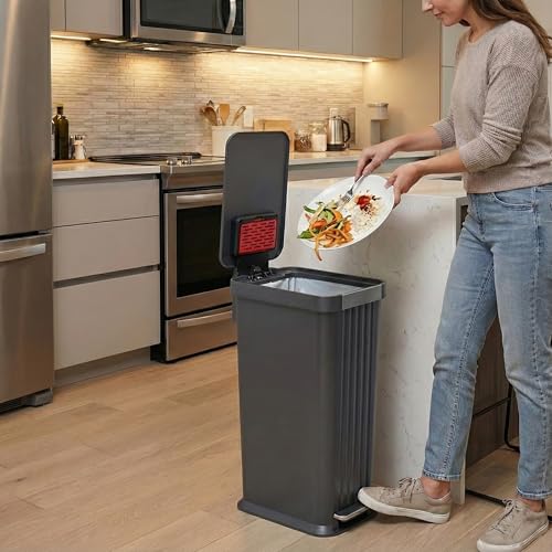 Image of iTouchless SoftStep 50 L / 13.2 Gallon Slim Step Pedal Kitchen Trash Can with Odor Filter, Indoor Recycling Bin, Durable Dent-Proof, Stainless Steel Trim Garbage Bin with Lid, Home Office Gray Plastic