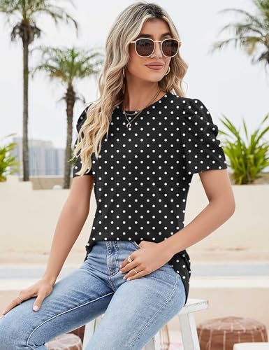 IECCP Blusa Mujer Verano Camisetas Puff Encaje Manga Corta 2025 Verano Tops Mujer Cuello Redondo Casual Túnica Camiseta Elegante, Lunares negros, XXL