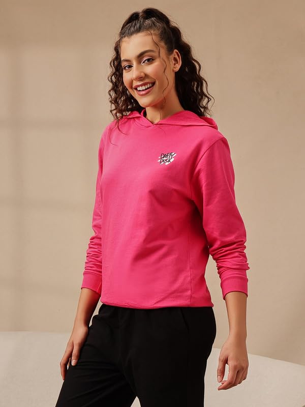 Image of Clovia Women's Terry Cotton Sweatshirt with Hoodie in Pink