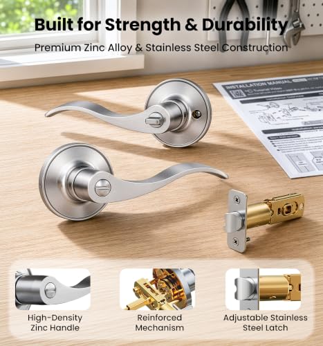 Veise 3 Pack Privacy Door Handles with Lock for Bed/Bath, Satin Nickel by Veise - Used condition - Image 5