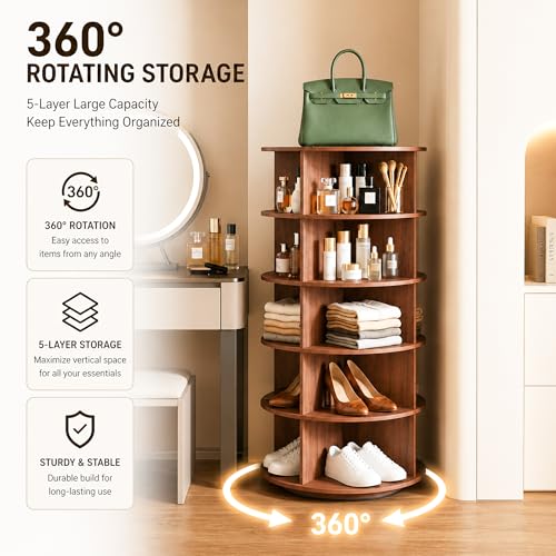 Image of 360 Rotating Multipurpose Storage Cabinet - Laminated Engineered Wood Organizer Rack | Space-Saving Rotating Shelf for Bedroom, Living Room, Dressing Area & Bathroom (Teak Brown, 5-Tier)
