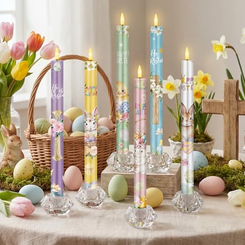 Image of Aurelema 6 Pcs Easter Flameless Candle Set Spring Bunny He Is Risen Taper Candles with Battery Operated Floral Seasonal Celebration LED Candles with Remote Timers for Christian Easter Home Decor Gifts