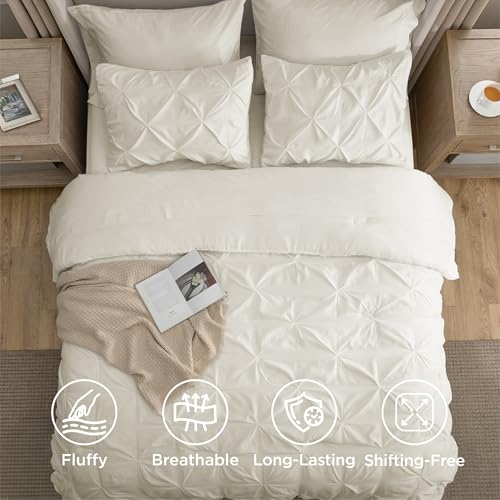 Image of Bedsure Queen Comforter Set Ivory - Bed in a Bag Queen Size Bedding 7 Pieces, GentleSoft Pintuck Bed Set Gift for Family, All Season Down Alternative Comforter with Sheets, Pillowcases & Shams