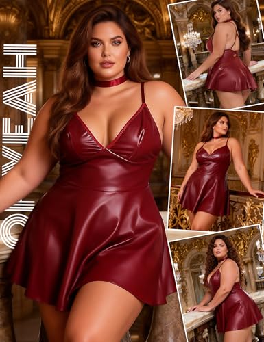 Image of ohyeah Faux Leather Lingerie Set for Women Plus Size PU Lingerie V Neck Backless Babydoll Chemise Mini Lingerie Dress