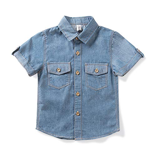 OCHENTA Boys' Short Sleeve Button Down Shirts Lightweight Denim Western Tops