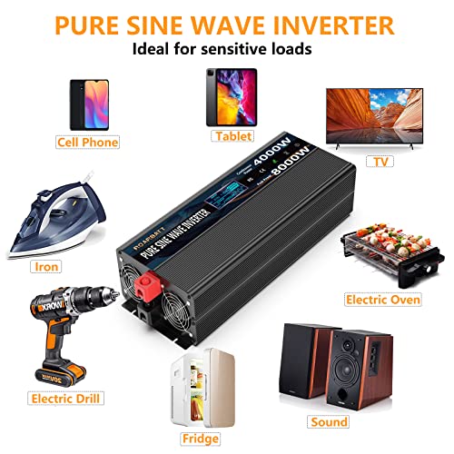 Image of 4000W Pure Sine Wave Power Inverter 12V DC to 110V /120V AC, 8000W Peak with Remote Control, 4 AC Outlets, Dual USB, LED Display, Heavy Duty Converter for RV, Truck, Solar System, Off-Grid & Emergency