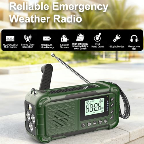 Emergency NOAA Weather Radio, 10000mAh, Solar Hand Crank Radio with AM/FM - Image 2
