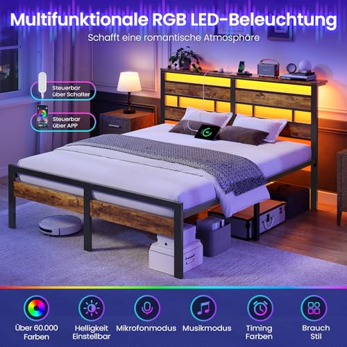 Brinlawb Bett 120x200 mit Lattenrost aus Metall, Doppelbett Bettgestell 120x200cm mit LED Beleuchtung und Ladestation (2 AC-Steckdosen, 1 USB-Anschluss und 1 Type-C-Anschluss) Metallbett mit Kopfteil