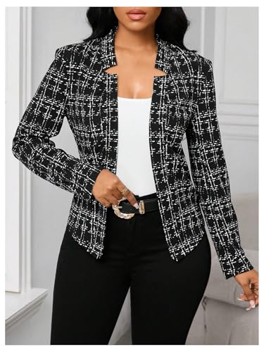 SOLY HUX Women's Plaid Tweed Blazer Elegant Open Front Long Sleeve Business Work Suit Jackets4