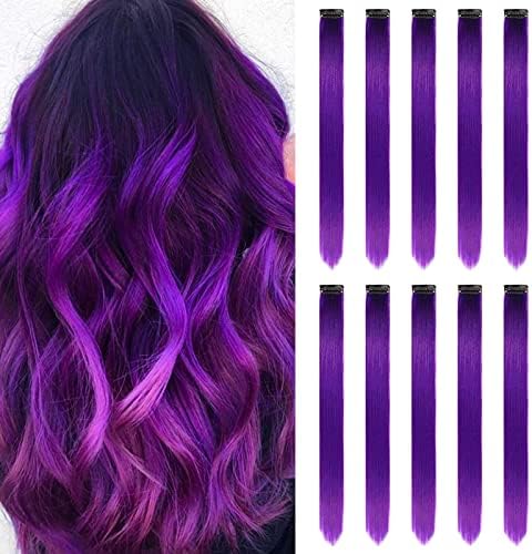 MEckily 22 inch Colored Purple Hair Extensions Clip in Kid's Party Highlights, Purple Accessories Hairpiece Straight for Girls Women (10 Pcs Purple)